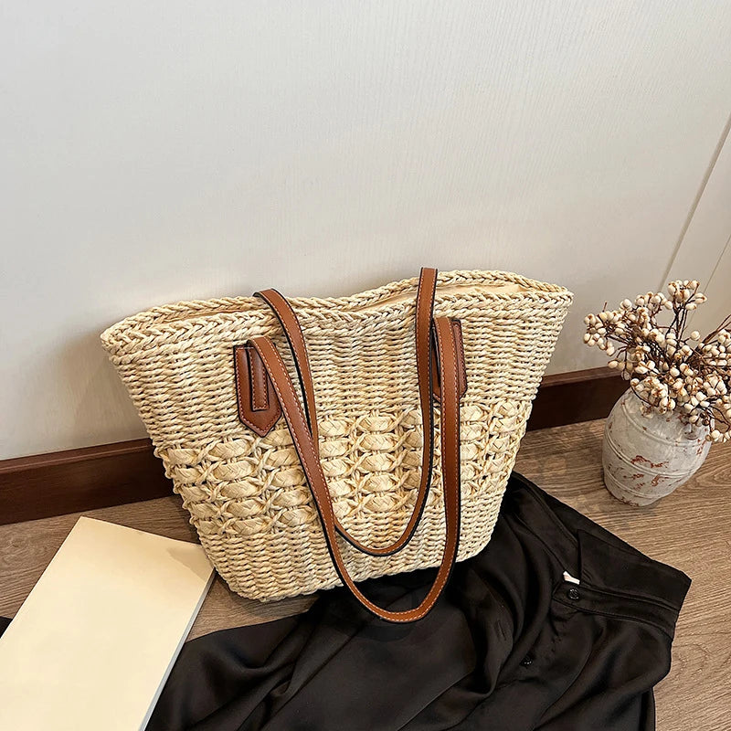 Summer Straw Bags for Women Straw Shoulder Bags Rattan Woven Top Handle Bag Hollow Raffia Crochet Beach Bag Casual Handbags