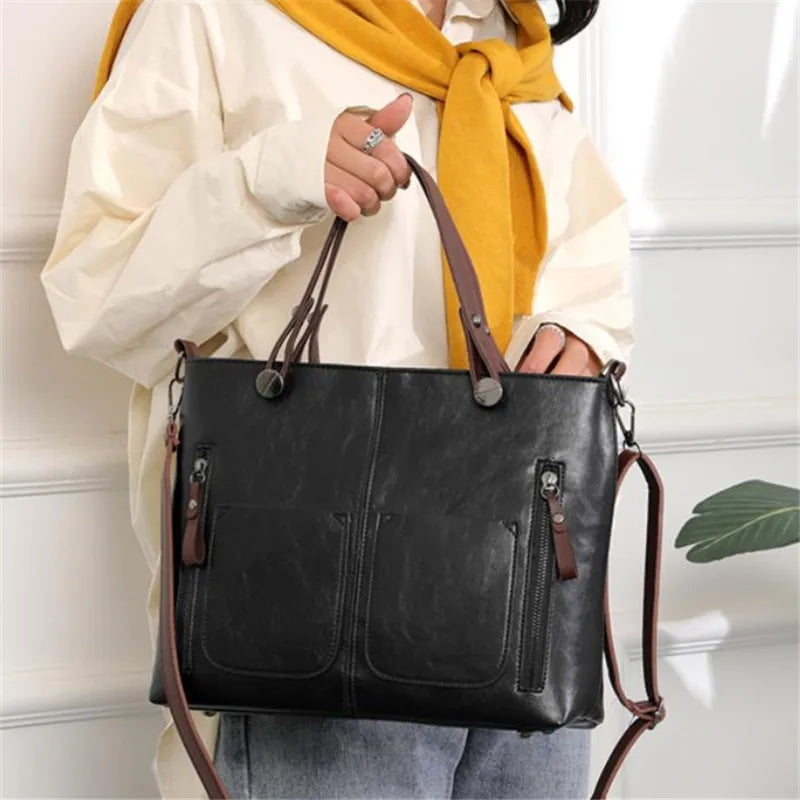 Europe America Retro Leather Handbag Shoulder Bag, Two Pocket Zipper Tote Bag, Classic Crossbody Bags for Women Work Business