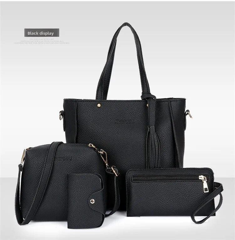 4pcs/set Tassel Bucket Women's Handbag Stylish Crossbody Bag Clutch and Wallet, Solid Color PU Shoulder Bags for Women Daily Use