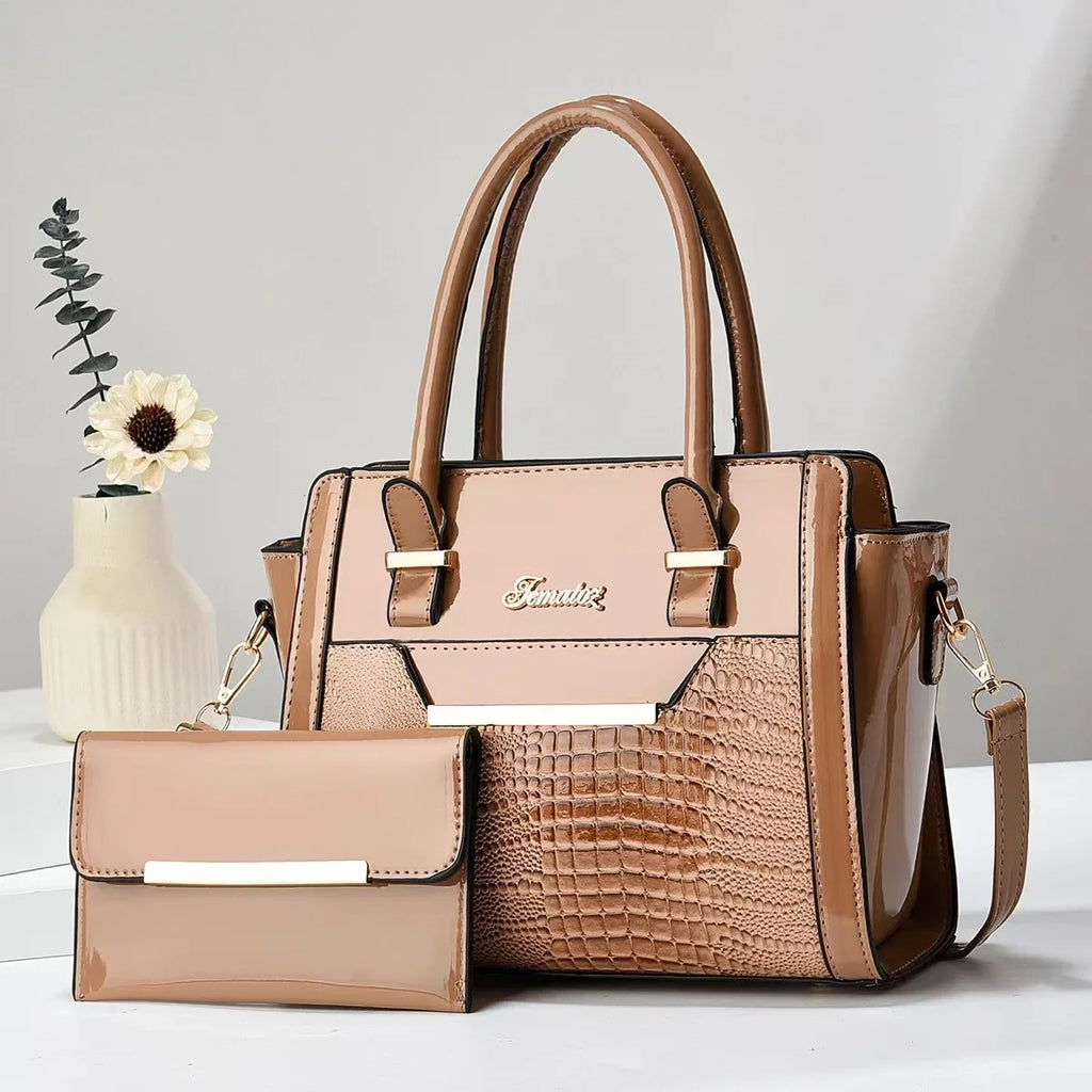 Casual shoulder women's bag simple large-capacity mother and child bag bright leather fashion portable two-piece bag