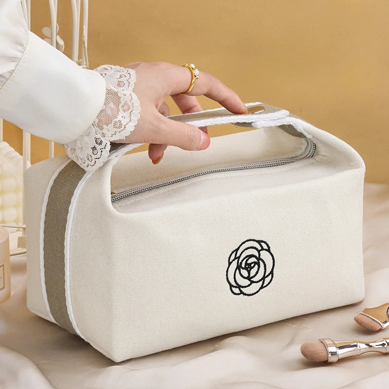 Premium Handheld Portable Camellia Canvas Makeup Bag for Travel Large Capacity Toiletries Cosmetics Skincare Storage Bag