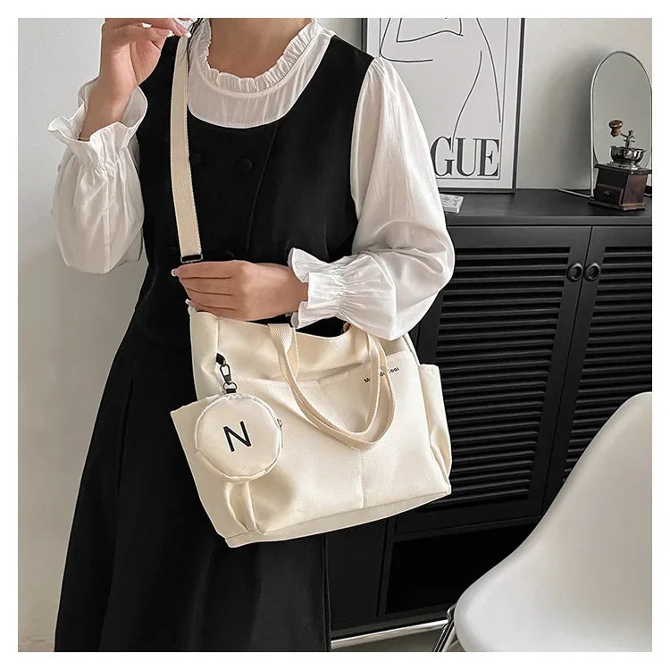 Oxford Design Double Sided Pocket Tote Bag Teen Women Large Capacity Handbag Single Shoulder Crossbody Bag with Round Coin Purse