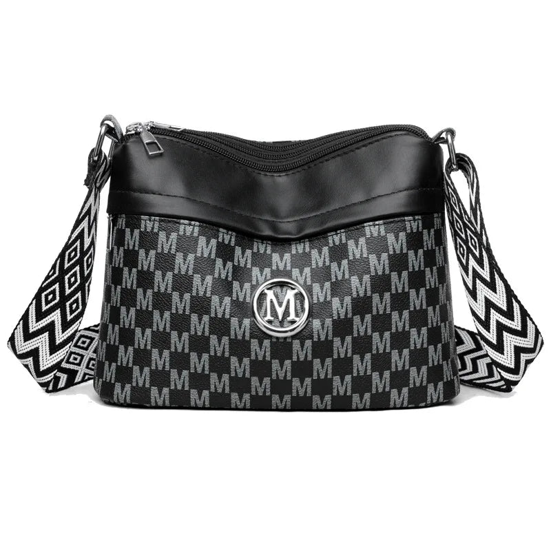 Classic Letter Patchwork Design Stylish Crossbody Bag Printed Three Layer Zipper Leather Shoulder Bag for Daily Use Work Outdoor