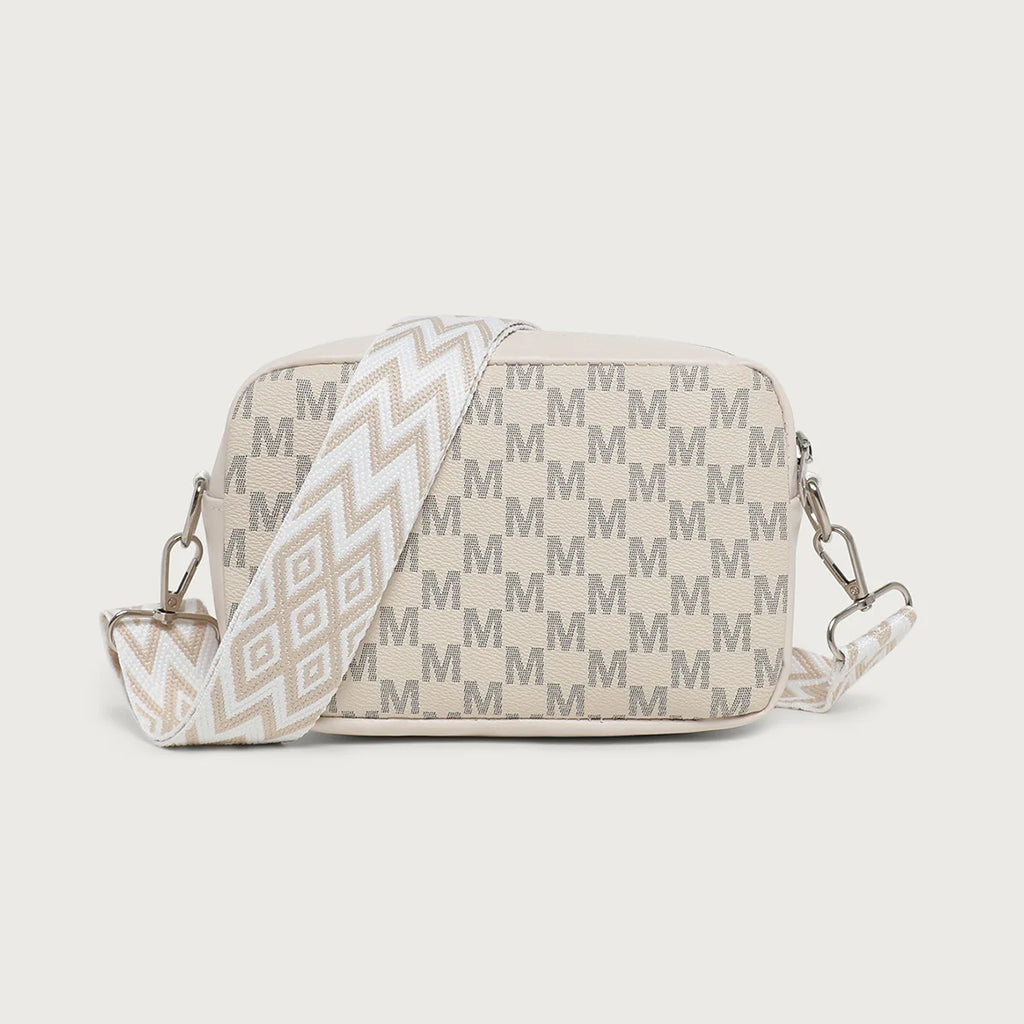 Retro M Pattern Design Female Crossbody Bag, Stylish Ladies Shoulder Bag, Wide Strap Phone Coin Purse for Women Work Party Date