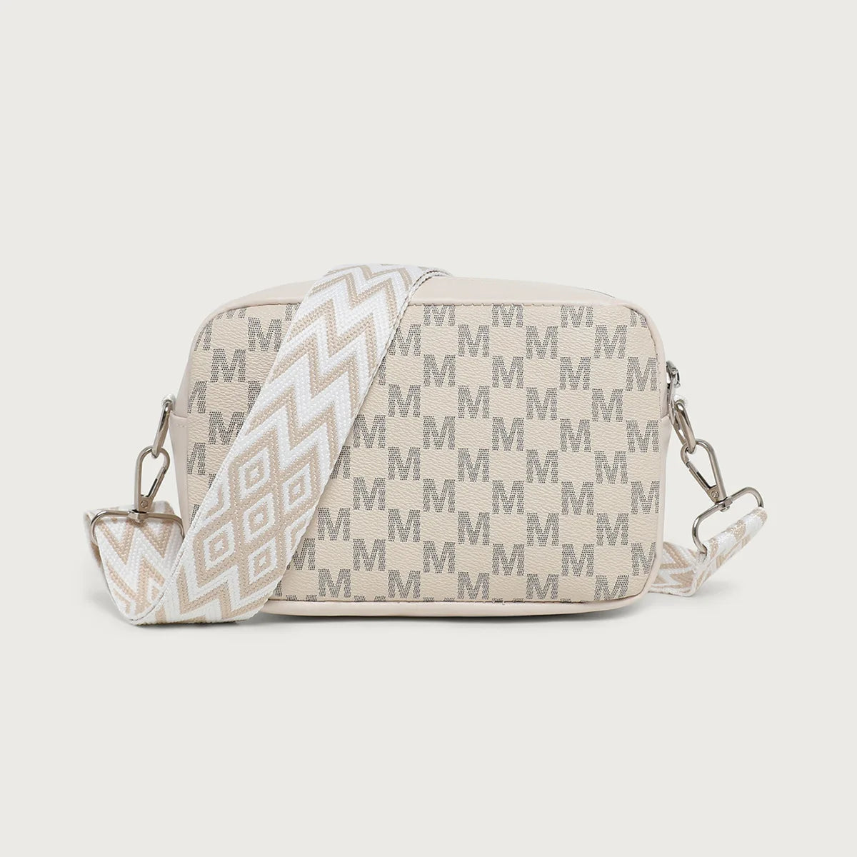 Retro M Pattern Design Female Crossbody Bag, Stylish Ladies Shoulder Bag, Wide Strap Phone Coin Purse for Women Work Party Date