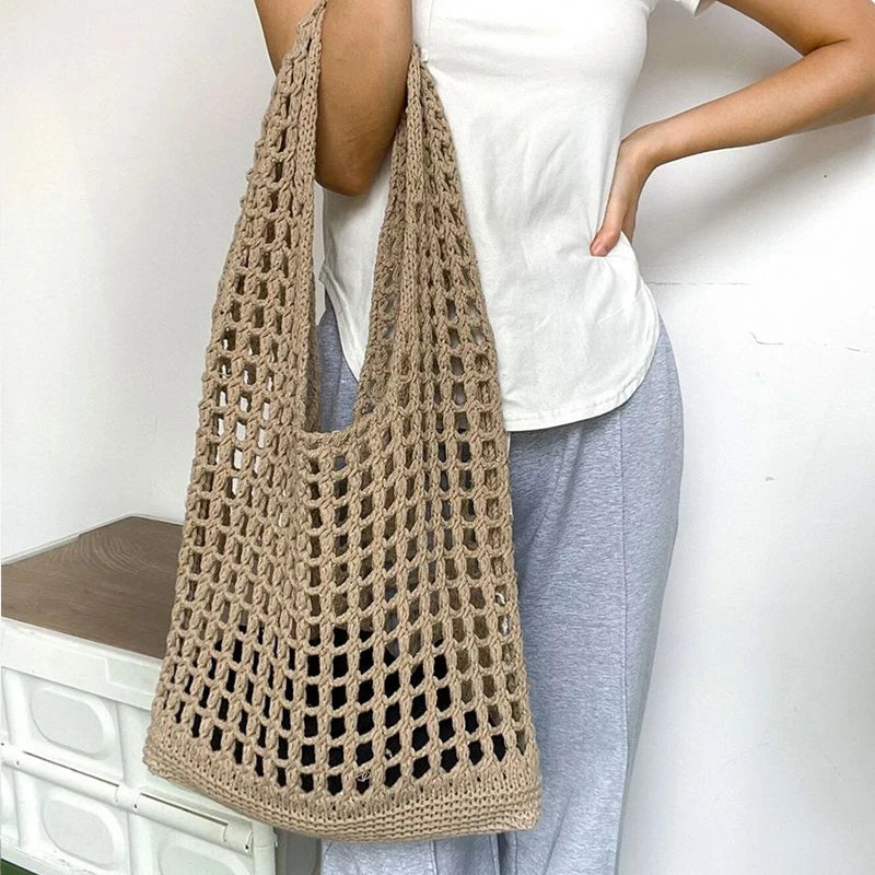 Fashion Crochet Bags for Women Summer Beach Tote Bag Aesthetic Totes Handbag Bohemian Woven Knit Shoulder Bag