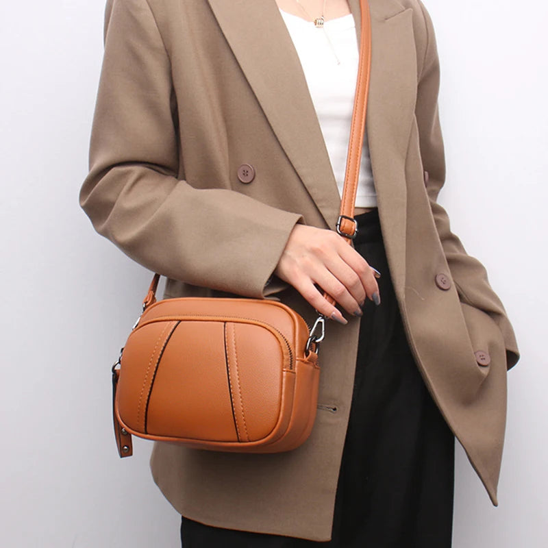 Solid Color Fashionable Rivet Zipper Women's Mobile Phone Bag Simple Soft PU Leather Shoulder Crossbody Small Square Handbag