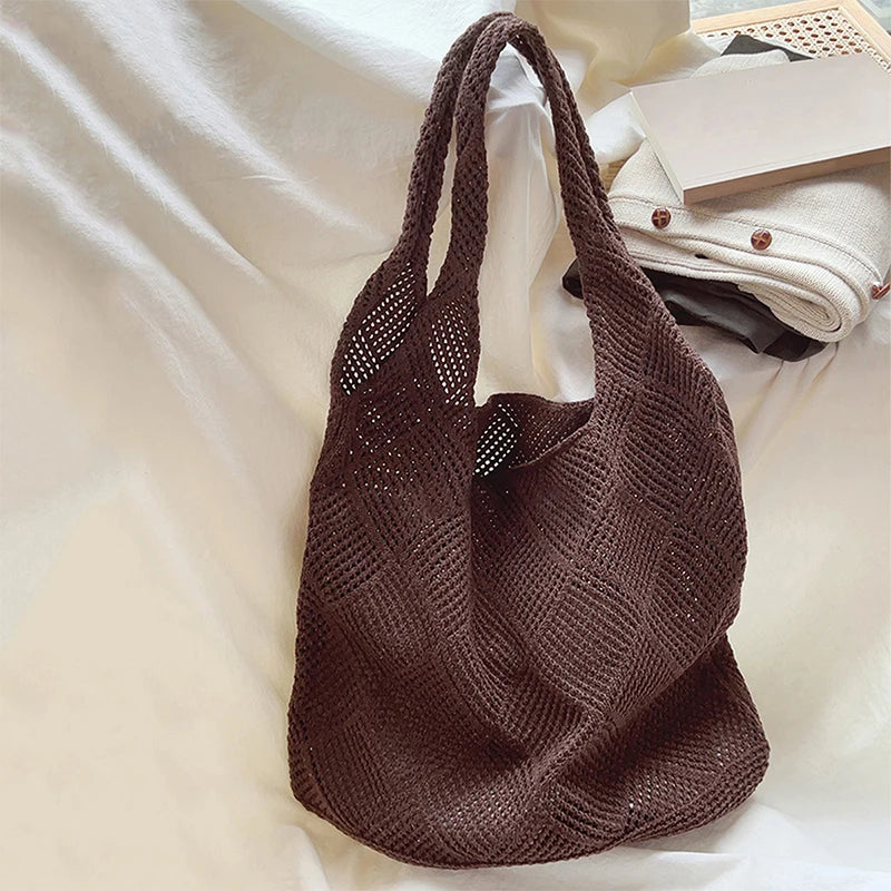 New Trend Women's Bag Crochet Handbag Retro Knitted Solid Color Hollow Top-handle Tote Bag Travel Shopper Shoulder Bag