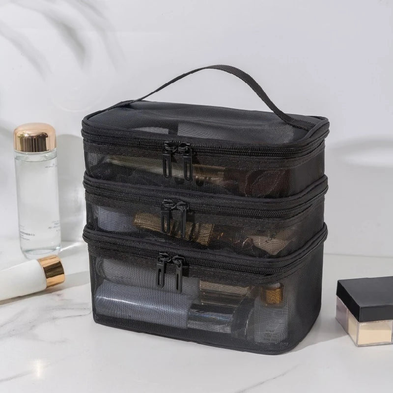 3-Layer Mesh Cosmetic Bags Large Capacity Foldable Travel Organizer Bag for Toiletries Cosmetics Makeup Case Bag