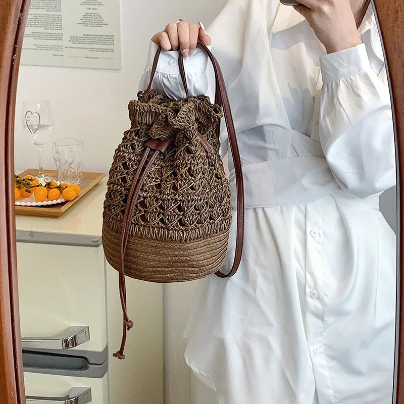 Handmade Women's Summer Straw Beach Shoulder Bag Woven Hollow Drawstring Shoulder Bags Knitted Fashion Female Design Travel Tote