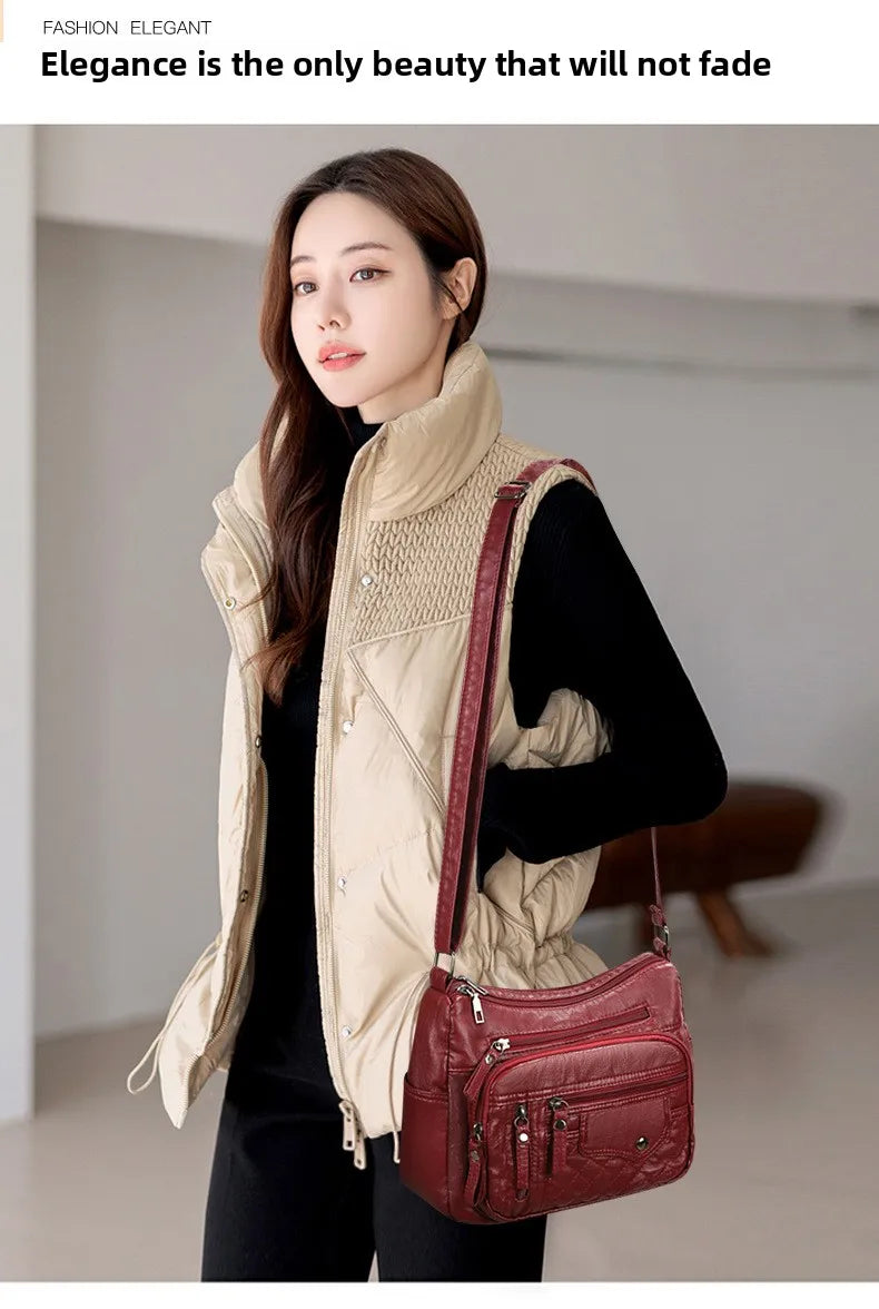 Fashionable Four Seasons Soft Leather Multi Pocket Cross Bags, Multi Layer Zipper Pouch Single Shoulder Bag for Women Daily Use
