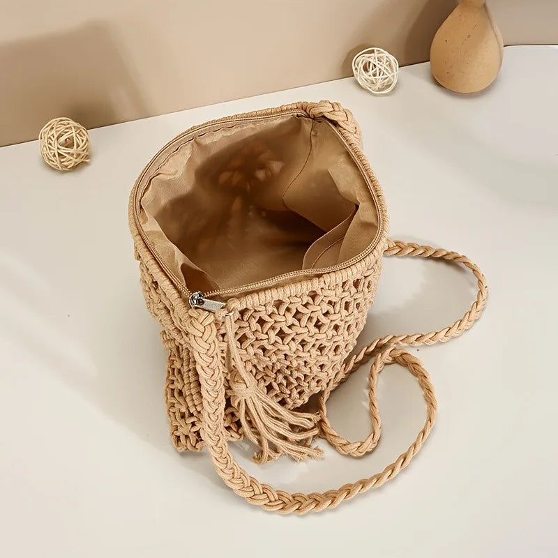 Handmade Bohemian Woven Rope Crossbody Bag with Tassel Detail, Summer Beach Clutch Shoulder Bags for Women, Geometric Design