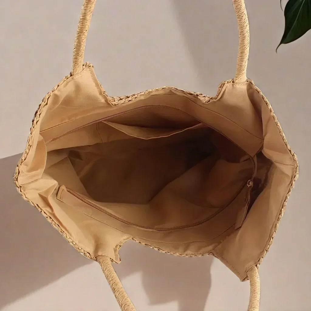 Straw Woven Tote Bag Large Capacity Shoulder Bag Versatile Knit Handbag Storage Bags For Women Stylish Vacation Beach Shopping