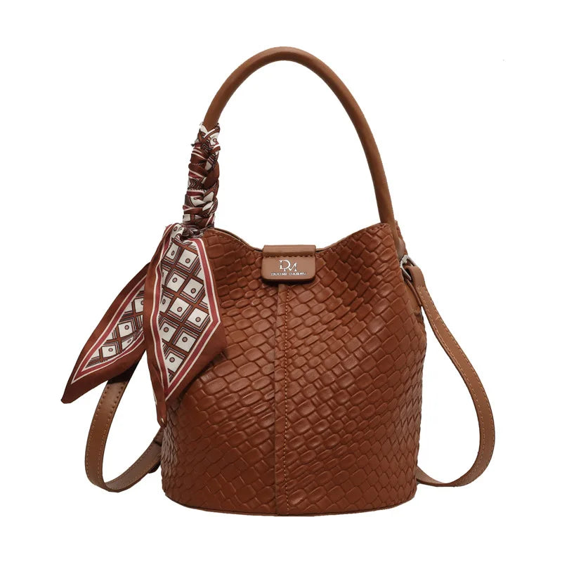 Fashionable Women's Bucket Bag, Stylish Solid Color Woven Effect Handbag Shoulder Bag and Crossbody Bag, Can Be Carried By Hand
