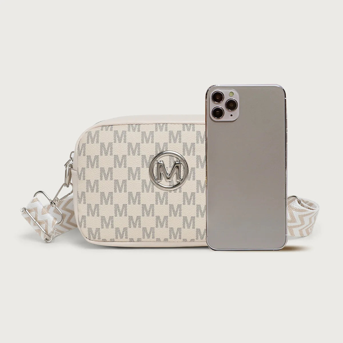 Retro M Pattern Design Female Crossbody Bag, Stylish Ladies Shoulder Bag, Wide Strap Phone Coin Purse for Women Work Party Date