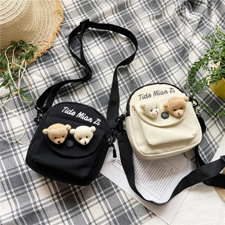 Cartoon Mini Canvas Bag Cute Small Crossbody Bags for Woman Phone Tissue Coin Purse Pocket, Student Shoulder Bag with Pin Bear