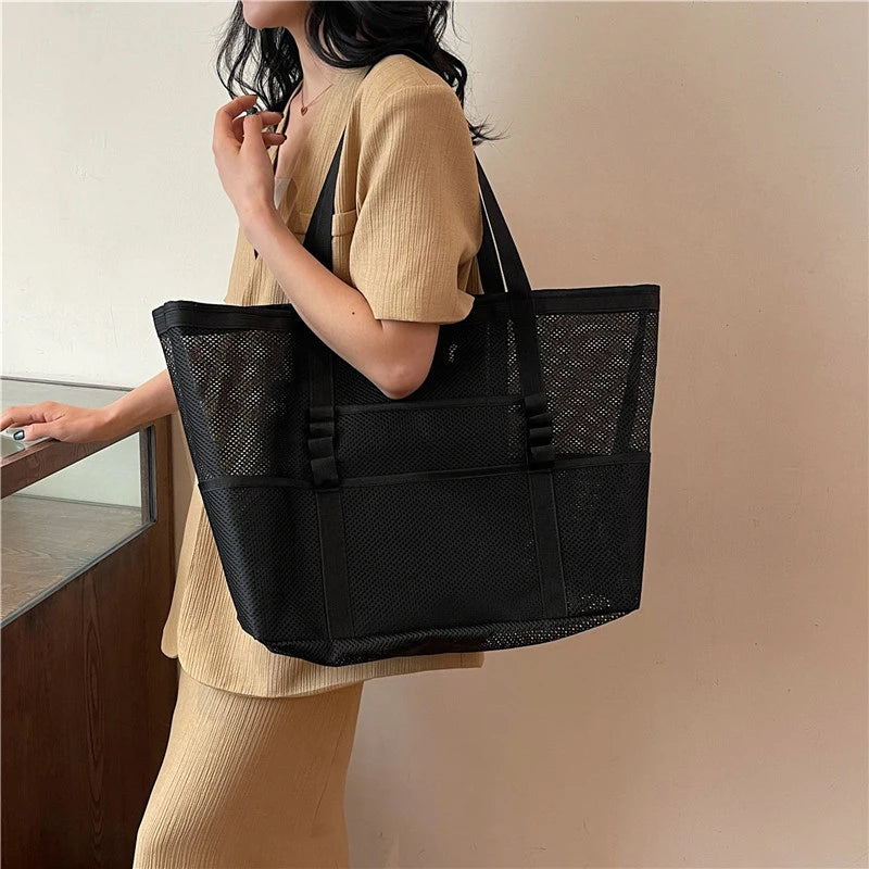 Portable Mesh Beach Bag For Women Makeup Travel Storage Wash Bag Summer Travel Swimming Bath Bag Organizer Shopper Totes