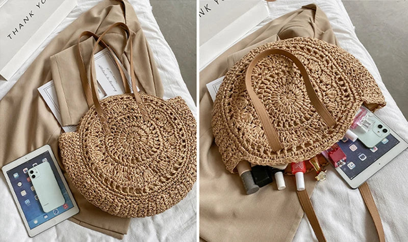 Summer Round Straw Bags for Women Rattan Shoulder Bag Travel Handmade Woven Beach Handbags Female Large Capacity Totes Bag