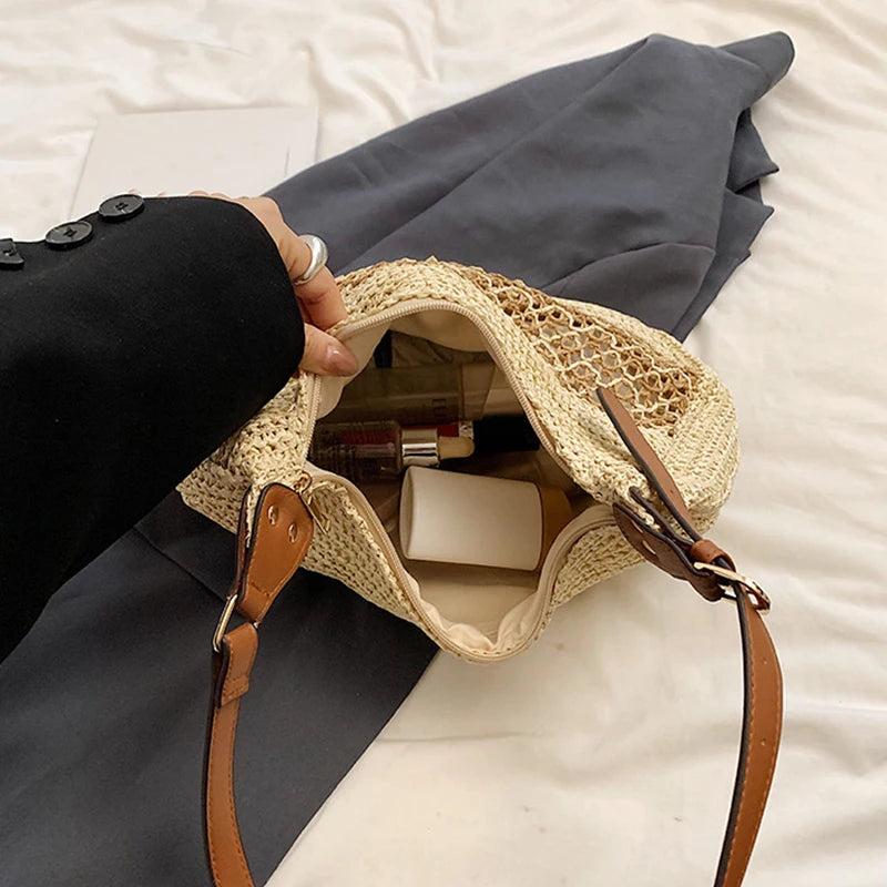 Women Hollow Shoulder Bag Large Capacity Straw Weaving Travel Handbag Adjustable Strap Shopper Tote Bag