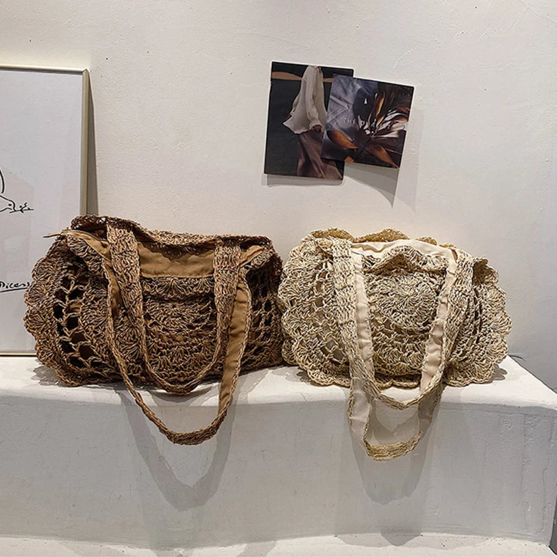 Bohemian Straw Bags for Women Circle Beach Handbags Summer Rattan Shoulder Bags Handmade Knitted Travel Big Totes Bag New