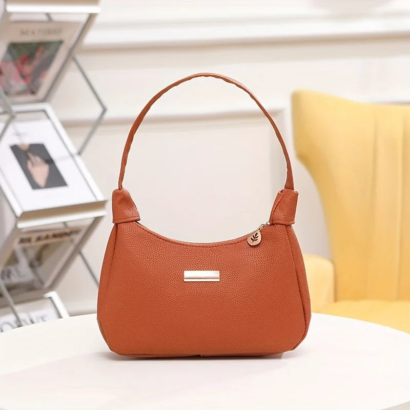Fashion Shoulder Bag for Women, Solid Color Synthetic Leather Handbag with Zipper Closure, Versatile Underarm Dumpling Purse