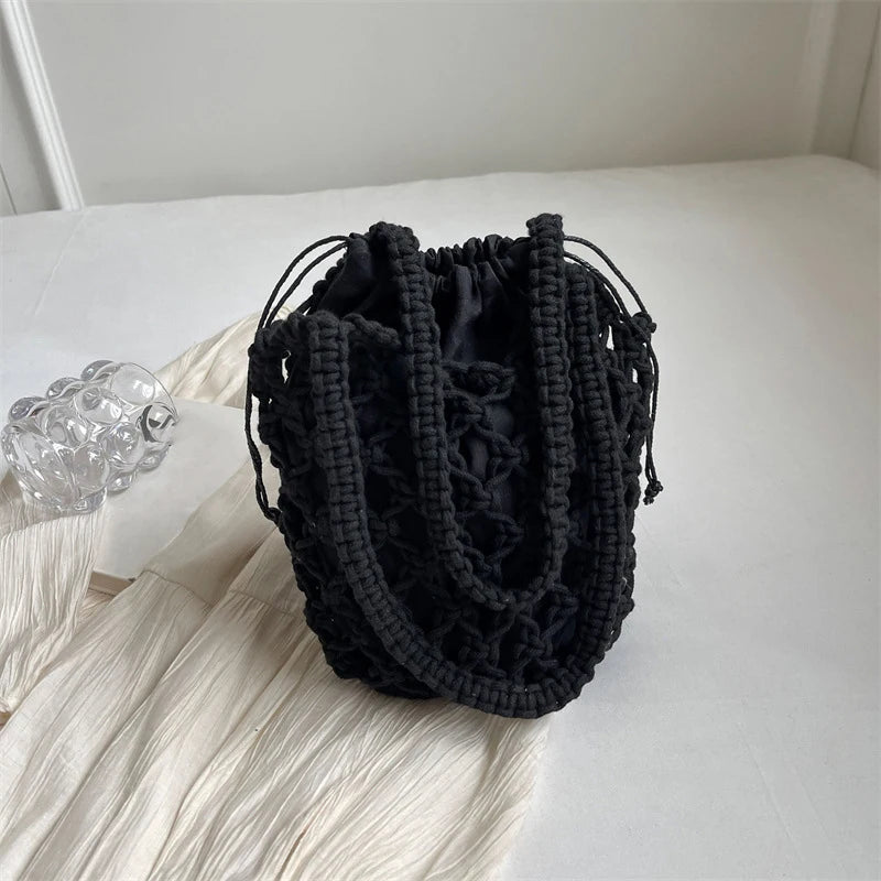 Ladies Summer Bucket Shoulder Bag Phone Purse Handmade Hollow Out Cotton Rope Crochet Bag Small Handbag For Women