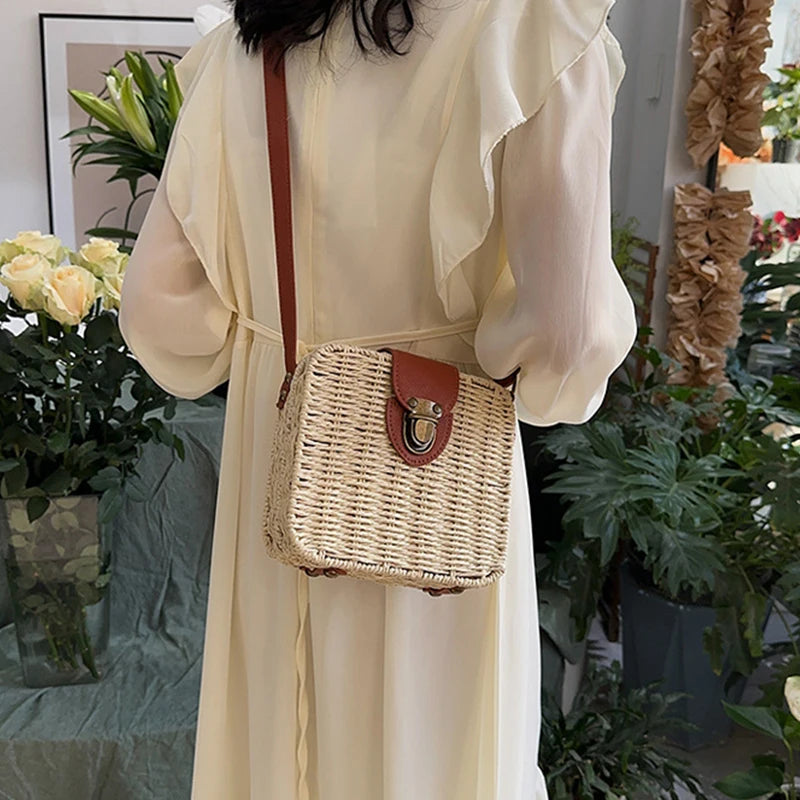 Straw Crossbody Bag For Women Bohemian Small Knitting Summer Purse And Handbag Vacational Square Beach Bags