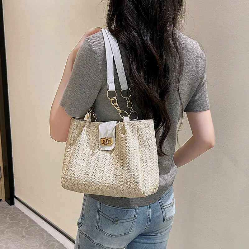 Elegant Women's Woven Fabric Shoulder Bag with Adjustable Chain Strap Front Flap Button Closure Professional Use, Woven Handbag