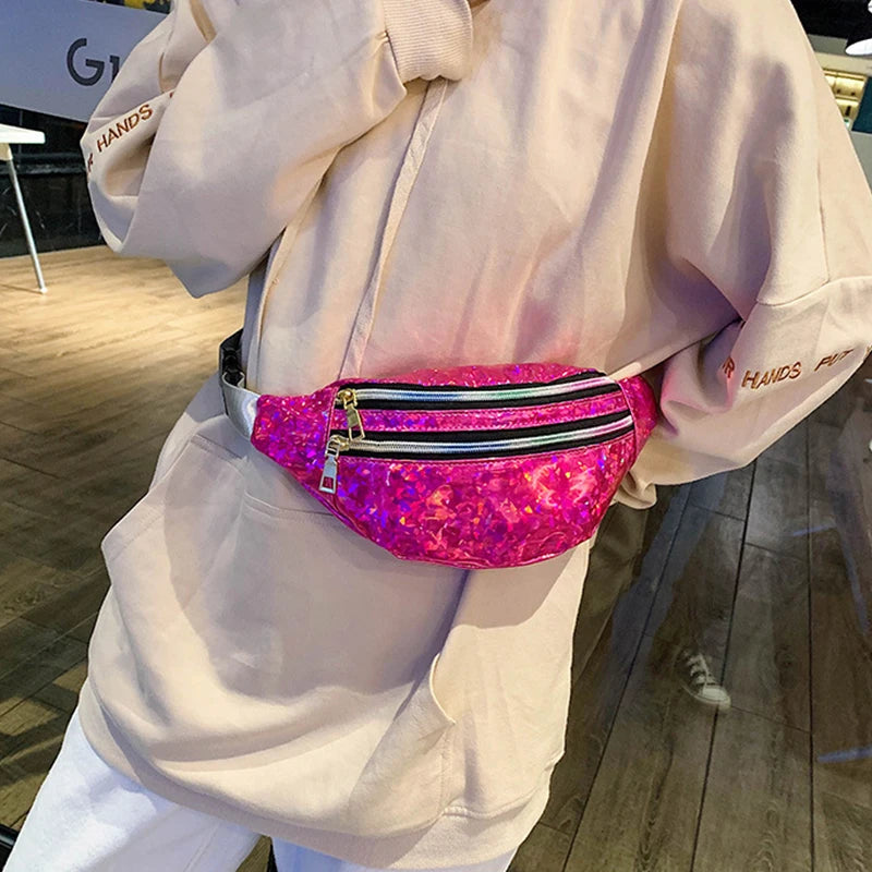 Holographic Fanny Pack Hologram Waist Bag Laser PU Leather Travel Banana Hip Bum Zip Waist Bags Women Shoulder Bag for Girls
