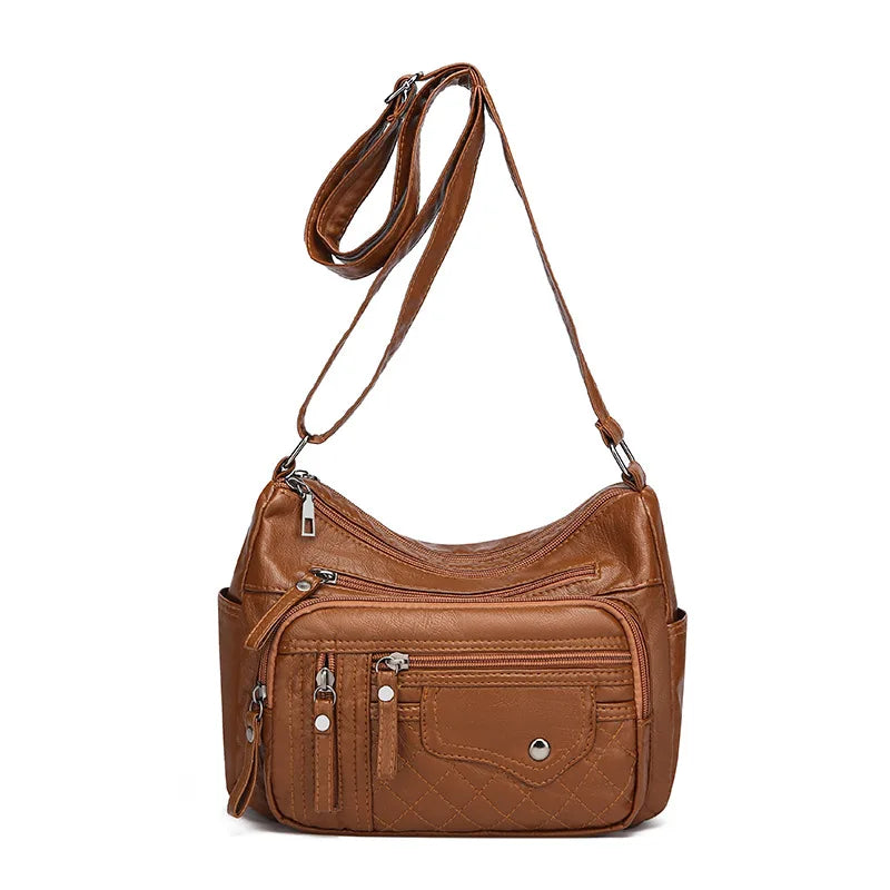 Fashionable Four Seasons Soft Leather Multi Pocket Cross Bags, Multi Layer Zipper Pouch Single Shoulder Bag for Women Daily Use