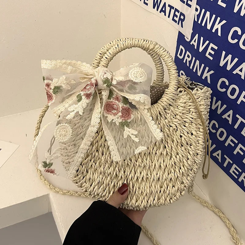 Straw Bag Women Hand-Woven Handbag Moon Shape Lace Bow Rattan Bag Big Capacity Drawstring Casual Beach Shoulder Crossbody Bag