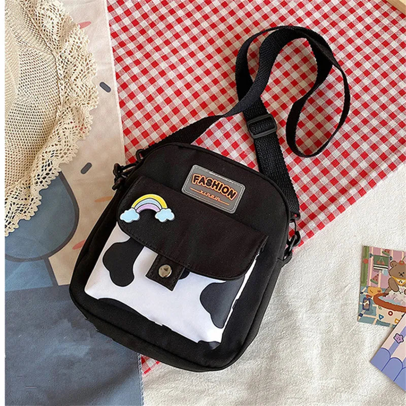 Harajuku Phone Crossbody Bag Nylon Cute Small Bags for Women Cow Pattern Square Small Shoulder Bag Suitable for Women Daily Use