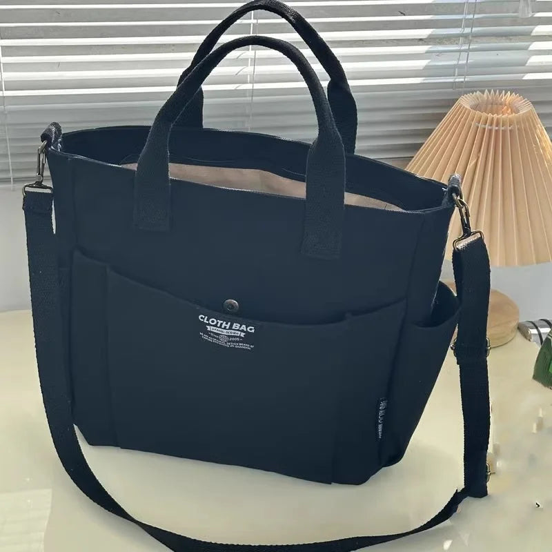Urban Minimalist Female Student Large Capacity Commuting Horizontal Canvas Single Shoulder Diagonal Cross Portable Tote Bag