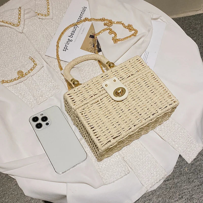 Summer Box Small Purse and Handbags For Women Rattan Straw Woven Crossbody Shoulder Bags Female Fashion Chain Travel Beach Bags