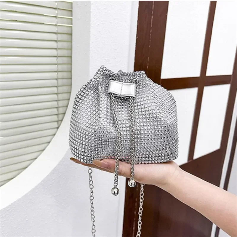 Charming Rhinestone Dinner Bag Sparkling Drawstring Chain Bucket Shoulder Crossbody Bags for Women Daily Christmas Party Banquet