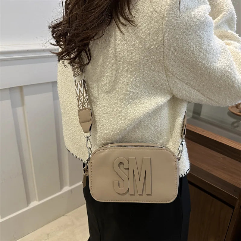 Stylish Versatile Women Single Shoulder Bag, SM Letter Pu Leather Small Square Bag, Leisure Wide Shoulder Strap Cross Body Bags