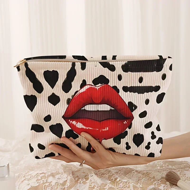Leopard Print & Red Lips Pattern Cosmetic Bag - Polyester Makeup Pouch with Zipper, Chic Toiletry Organizer, Lined Travel Case