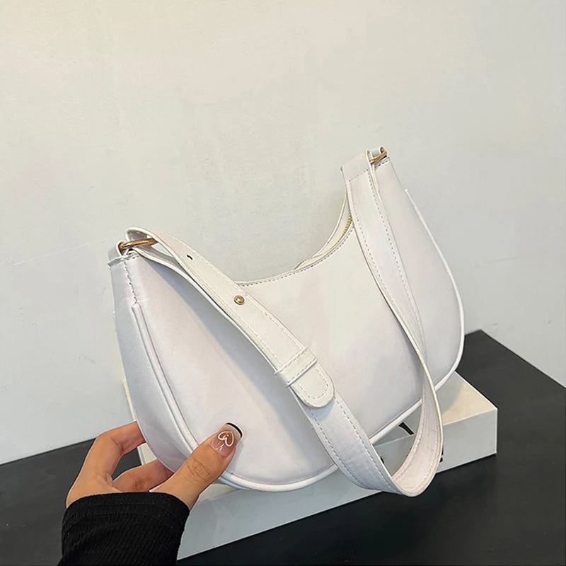 Womens Fashion Handbags Retro Solid Color Pu Leather Bag Half Simple Color Underarm Shoulder Bag Moon Casual Purse