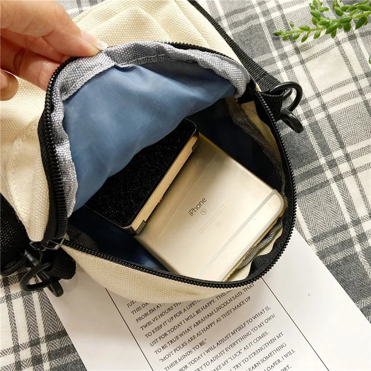 Cartoon Mini Canvas Bag Cute Small Crossbody Bags for Woman Phone Tissue Coin Purse Pocket, Student Shoulder Bag with Pin Bear