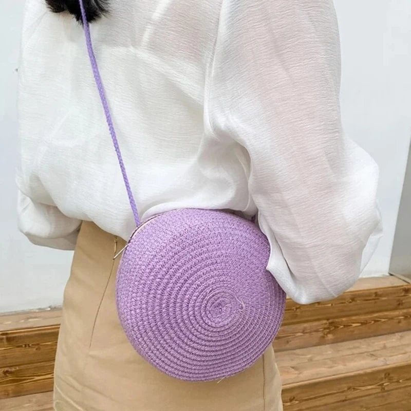 Round Straw Bag Women Woven Beach Crossbody Bag for Ladies Cute Shoulder Rattan Handmade Knitted Candy Color Small Handbag Bolsa
