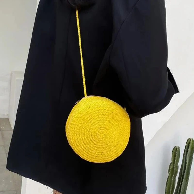 Round Straw Bag Women Woven Beach Crossbody Bag for Ladies Cute Shoulder Rattan Handmade Knitted Candy Color Small Handbag Bolsa
