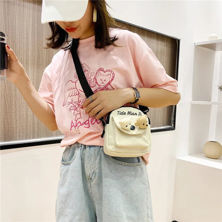 Cartoon Mini Canvas Bag Cute Small Crossbody Bags for Woman Phone Tissue Coin Purse Pocket, Student Shoulder Bag with Pin Bear