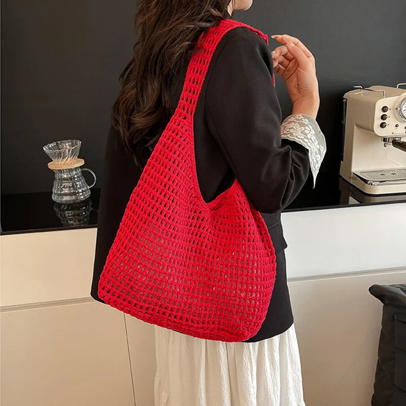New Sweet Crochet Shoulder Bag Leisure Beach Hollow Out Handbag Women Solid Color Woven Totes Bag For Travel