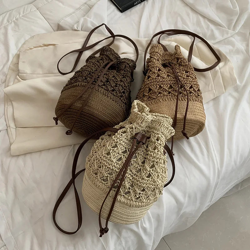 Handmade Women's Summer Straw Beach Shoulder Bag Woven Hollow Drawstring Shoulder Bags Knitted Fashion Female Design Travel Tote