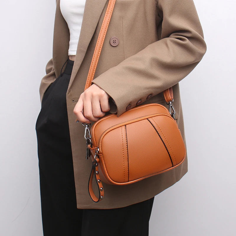 Solid Color Fashionable Rivet Zipper Women's Mobile Phone Bag Simple Soft PU Leather Shoulder Crossbody Small Square Handbag