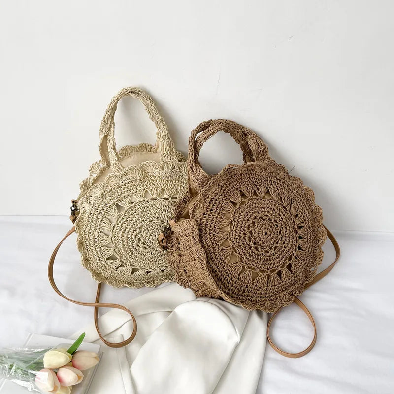Bohemian Straw Bags for Women Circle Beach Handbags Summer Rattan Shoulder Bags Handmade Knitted Travel Big Totes Bag New