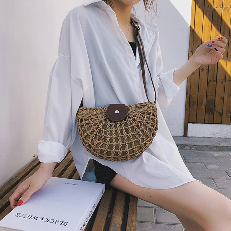 Summer Fashion Handmade Straw Shoulder Bags for Women Hollow Out Crossbody Bag Pouch Female Half Round Purse Vintage Handbags
