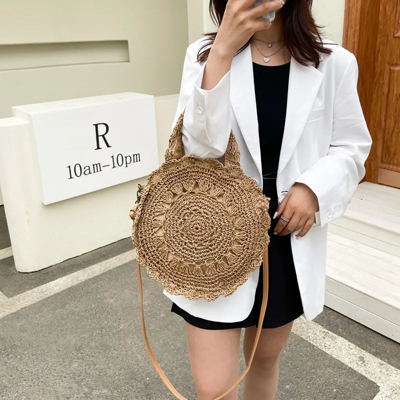 Summer Round Straw Bag Women Woven Rattan Beach Bag Hot New Shoulder Bag Circle Hollow Out Handle Bag Casual Shopper Tote Pouch