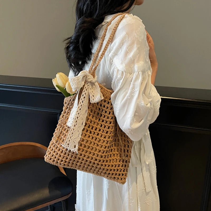 Summer Hollow Woven Shoulder Bags Women's New Casual Beach Bag Versatile Lace Design Commuting Shoulder Tote Bag
