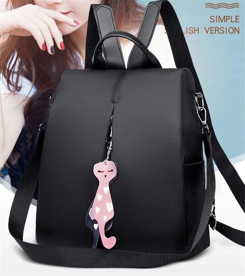 Solid Color Large Daypack for Female, Bagpack with Cat Pendant ,Women Simple Travel Shoulder Bags ,Multi-use Nylon Backpack